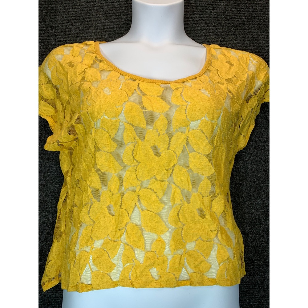 Xhilaration Lace Sheer Top L Yellow Floral Mustard Fairy Festival Indie Layering